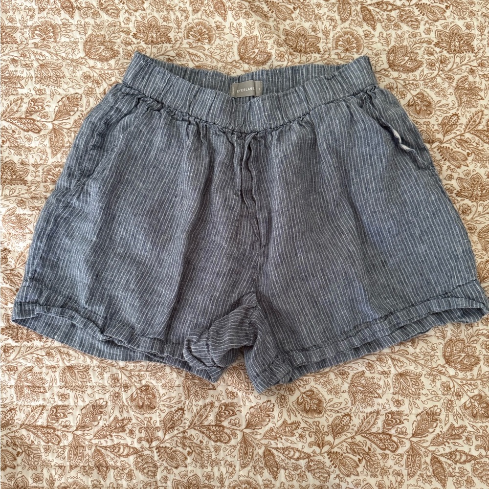 Everlane Women's Linen Blue and White Striped Summer Linen Shorts Size S